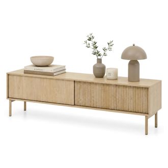 Dmora Soporte Tv Kamikaza, 2 Estantes, 2 Puertas, Puertas Con Efecto Rayado, 187x40x52h Cm Roble Marr&oacute;n