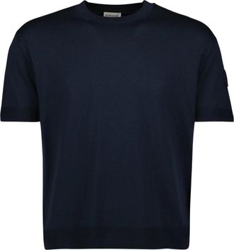 Moncler Zijden & Katoenen Gebreid T-shirt - Heren - Ronde hals truien - Blauw - M - Katoen - Truien & Vesten