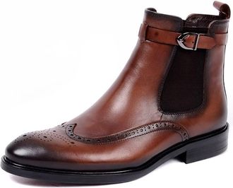 Generic Chelsea Boots For Men Leather Elastic Sided Buckle Carved Brogue Win Tip Burnished Toe Monk Belt Slip On Anti-slip Waterproof Non Slip Wearable(Brown,