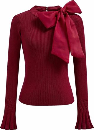 Chicwish Women Bow Tied Long Sleeve Knit Top Mock Neck Slim Fitted Elegant Blouses Top Solid Wrap Pullover Tops, Burgundy, L-XL
