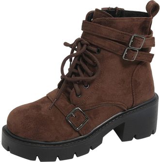 Generic Womens Suede Combat Ankle Boots, Chunky Platform Block Heel, Lace-Up with Side Zipper, Military Style, Available in Black Brown Khaki