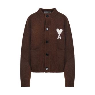 Ami Truien & Vesten, Dames, Bruin, XS, Wol, Quota Crewneck Cardigan met Ami de Coeur