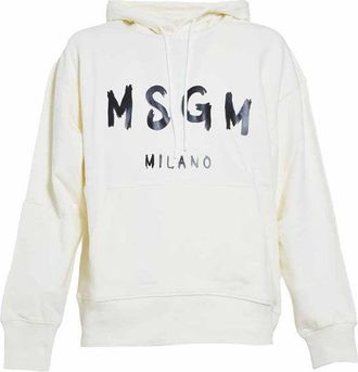 Msgm Cream Cotton Hoodie With Logo Print
