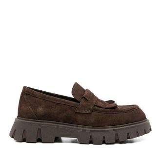 Sergio Moretti Brown Chunky Rubber Sole Fringe Detailing Suede Loafers