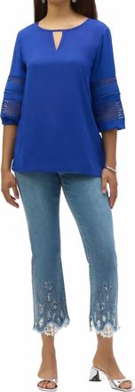 Joseph Ribkoff Georgette Keyhole Neckline Three Quarter Puff Sleeves Top In Royal Sapphire