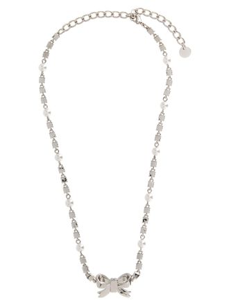 Self Portrait Crystal Bow Pearl Necklace - silver
