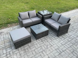 Fimous Rattan Garden Furniture Set 5 piece Patio Rattan Furniture Sofa Weaving Wicker includes 2 Double Seat Sofa, Coffee Table, Big Footstool