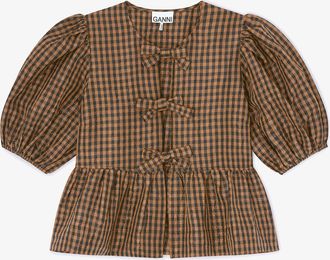 Ganni Crinkled Check Blouse - Size 34 Brown