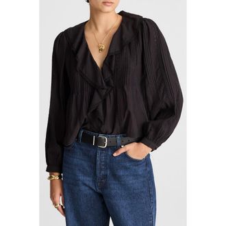 Madewell Lace Insert Ruffle Pintuck Long Sleeve Top in Jet Black at Nordstrom, Size Xx-Small