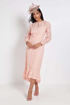Wallis Womens Petite Lace High Neck Ruffle Midi Dress - Peach Polyamide - Size 10 UK