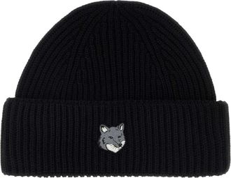 Maison Kitsun&eacute; Fox Patch Ribbed Beanie - Heren - Hoeden - Zwart - ONE Size - Wol - Accessoires