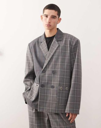 Reclaimed Vintage Blazer oversize squadrato grigio a quadri con occhielli in coordinato-Multicolore