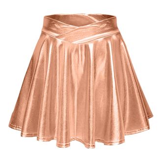 Generic Womens Shiny Shimmer Metallic Flowy Pleated Flared Mini Skater Skirt Mini Rave Skirt Halloween Skirts for Women, 07-Rose Gold, XS