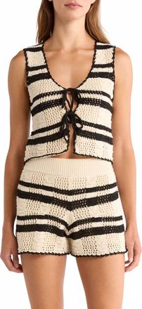 Elan Tie Front Knit Sleeveless Top In Natural Black