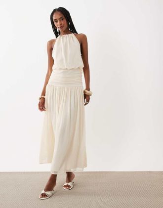 Asos Vestito lungo allacciato al collo in chiffon color avorio con vita a palloncino-Bianco