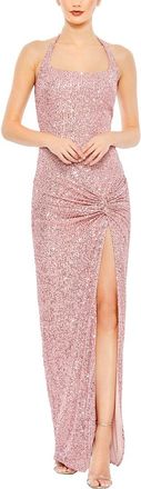 Mac Duggal Sequined Halter Strap Low Side Knot Gown