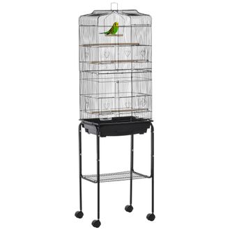OEM Jaula Para P&aacute;jaros Con Soporte Jaula Met&aacute;lica Con Ruedas Bandeja Extra&iacute;ble Y Estante 46,5x36x157 Cm Negro