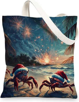 Generic Beach Christmas Crab Canvas Tote Bag for Shopping 13x15, Coastal Xmas Fireworks Scenic Reusable Grocery Print Pattern Bag for Women Men, Holiday Beach