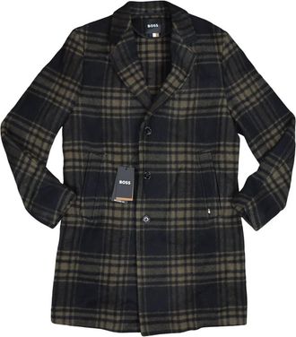 HUGO BOSS Mens Cam Check Wool-Blend Relaxed Fit Button Front Overcoat In Black / Dark Beige