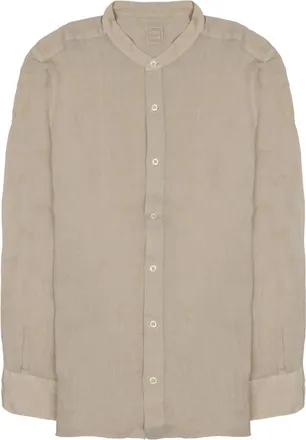 120% Lino Beige Mandarin Collar Linen Casual Shirt