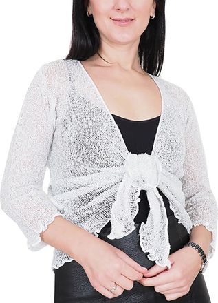 Mimosa Ladies Crochet Shrug Bolero Glitter or Plain Super Stretchy Lace Fish Net Tie at Waist Bolero Open Cardigan Fits UK 6-28
