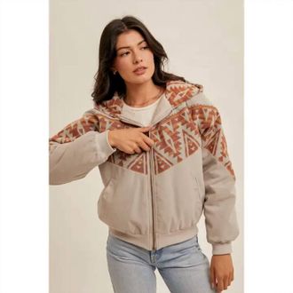 Hem & Thread Aztec Contrast Zipper Hoodie Jacket In Grey Multi