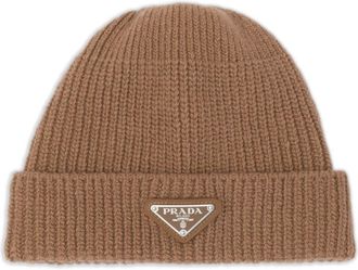 Prada ribbed-knit cashmere beanie - men - Cashmere/Metal/Leather - L - Brown