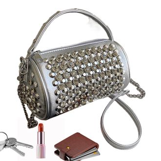 Generic Rivet Shoulder Bag - Punk Square Shoulder Bag 2024 | Square Cylinder Shoulder Bag, Fashion Studded Rock Tote Bags for Women and Girls, silver, riferim