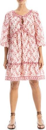 Max Studio Floral Three-Quarter Sleeve Keyhole Minidress in Red Ivory Floral at Nordstrom Rack, Size X-Small
