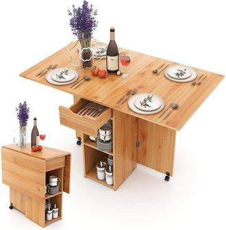 Costway Tavolo da Pranzo con 2 Ruote, Tavolo da Cucina Pieghevole con 2 Ripiani e Cassetto, Tavolo Pranzo 120 cm, Tavolo Consolle Versatile per