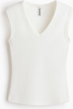 H&M Geripptes Tanktop mit V-Ausschnitt - Cremefarben