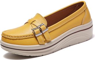 Generic Womens Comfort Round Toe Platform Wedge Loafers Slip On Casual Lightweight Walking Business Work Dress Shoes (Yellow,7.5)