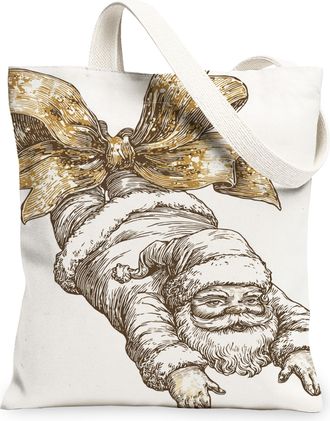 Generic Christmas Santa Canvas Tote Bags, Retro Holiday Design Reusable Grocery Bags, Lightweight Washable Shoulder Strap Canvas Fo, White, 13x15 Inch