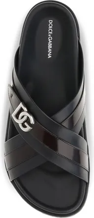 Dolce & Gabbana Mens Slide Sandals Calf Leather Black-Cacao Black/cacao
