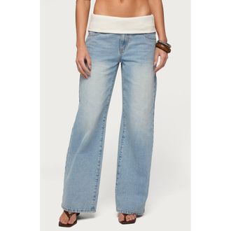 Edikted Knit Foldover Low Rise Baggy Jeans in Light-Blue at Nordstrom, Size X-Large