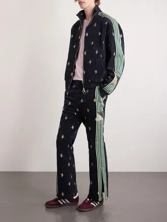KAPITAL Cropped Flared Webbing-Trimmed Embroidered Cotton-Blend Corduroy Sweatpants