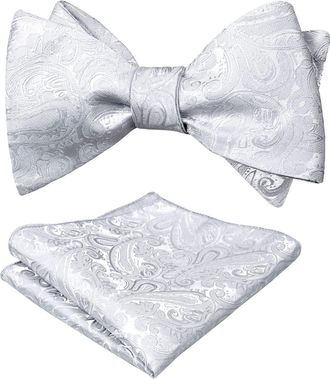 Alizeal Mens Paisley Self Tied Bow Tie and Pocket Square Set, Silver