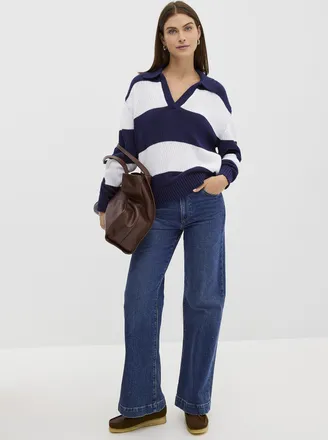 Contemporaine Womens Broad stripes Johnny-collar sweater