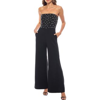 Marina Rossini Beaded Faux Pearl Scuba Crepe Jumpsuit in Black at Nordstrom Rack, Size X-Large