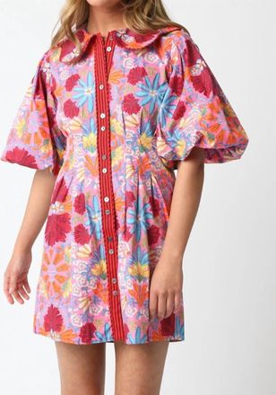 Olivaceous Groovy Floral Puff Sleeve Mini Dress In Pink Multi