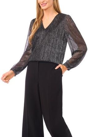 Halogen Metallic Pliss&eacute; V-Neck Top in Black/Silver at Nordstrom Rack, Size X-Small P
