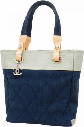 Chanel Beige Blue Navy Canvas Tote Bag (Pre-Owned)