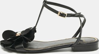 Lanvin Black Patent Leather And Satin Flower Flat Sandals