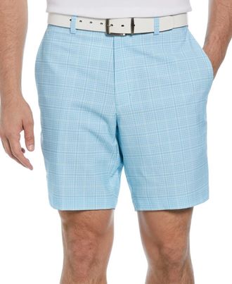 PGA TOUR Golf Shorts Mens Cyan Blue Plaid Regular Fit Performance KFC1119