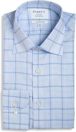 Stantt Contemporary Fit Check Wrinkle Resistant Cotton Dress Shirt in Blue/White at Nordstrom, Size 19 - 36