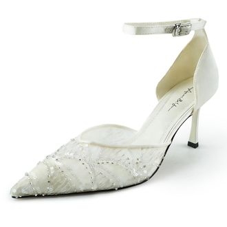 Generic Womens Elegant Pointed Toe Ankle Strap Heels Sequin Pumps for Evening Wedding Party Formal, White, 6.5 Narrow