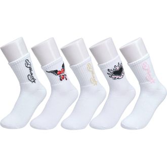 Ed Hardy Heart Flame Print Full Cushion Mid Crew Sock 5-Pack in White Multi at Nordstrom