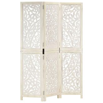 vidaXL Biombo 3 Paneles Tallado A Mano Madera Mango Blanco 120x165 Cm Vidaxl