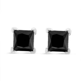 House of Brilliance 925 Sterling Silver Princess-Cut Square Black Diamond Classic 4-Prong Stud Earrings with Screw Backs