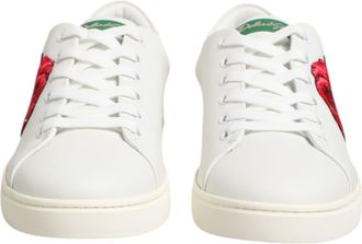 Dolce & Gabbana White Leather Rose Embroidery Low-Top Womens Shoes